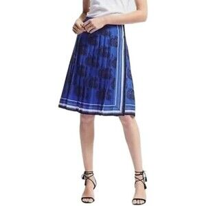 BANANA REPUBLIC Blue Pleated Paisley Skirt Women 12 Faux Wrap Border Above Knee